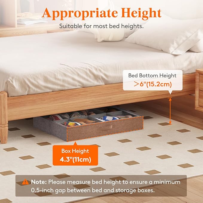 Lifewit Under Bed Shoe Storage Organizer Fits 8 Pair Sneakers, 4.3 Inches Tall Sturdy Structure Ultra Thick Fabic Sneaker Storage, Foldable Underbed Shoe Boxes for Heels, Boots, Sports Shoes 4 Pack