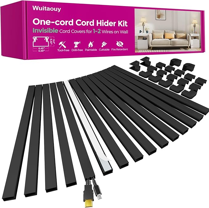 Black Cord Hider, 212.6in Cord Covers for 1-2 Wires on Wall, Paintable Cable Hider, Wire Hider Wire Covers for Cords on Walls, Easy Set-up Cable Raceway Management to Hide Cords, W0.59 H0.4in, Black
