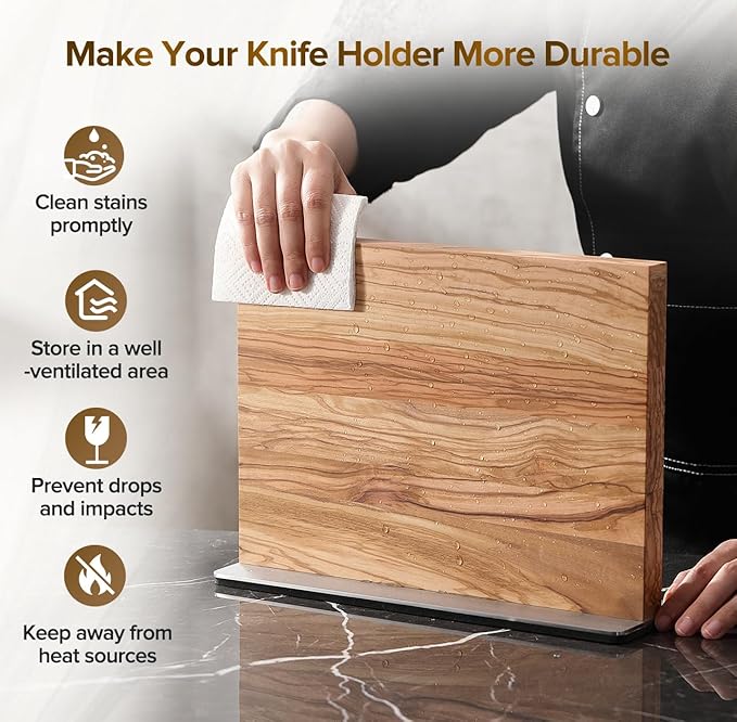 XINZUO Double Sided Magnetic Knife Holder Rack For Kitchen Counter - Natural Olive Wood Stand,Modern Knife Block & Storage - Magnetic Storage(12.6 X 4 X 9.3Inches)
