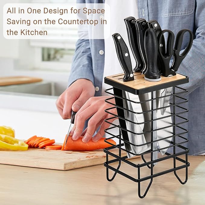 LINFIDITE Knife Block Holder Universal Kitchen Knife Organizer Storage Stand 8 Slots Top Hollow Iron Wire Safe to Use Different Size Shape Knife Sharpeners Scissors Kitchen Countertop Black