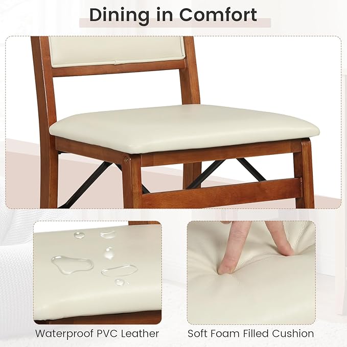 Giantex Folding Dining Chairs Set of 4, Wood Kitchen Chair w/Padded Seat, Solid Wood Frame, Max Load 400 Lbs, No Assembly, Easy to Store Foldable Wooden Dining Chairs for Apartment, Small Space