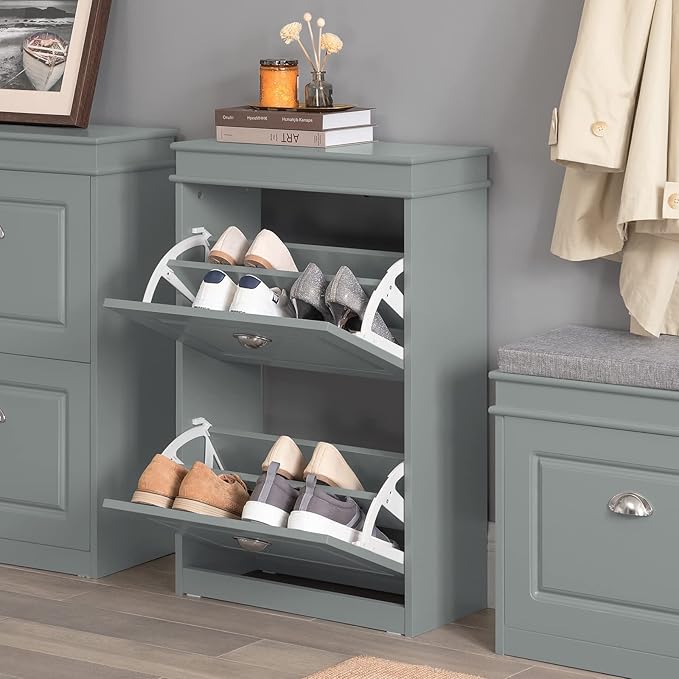 Haotian Small Shoe Cabinet, Grey 2 Flip Drawers Freestanding Shoe Rack, Shoe Storage Cupboard Organizer (9.45" D x 20.87" W x 32.28" H), FSR78-HG