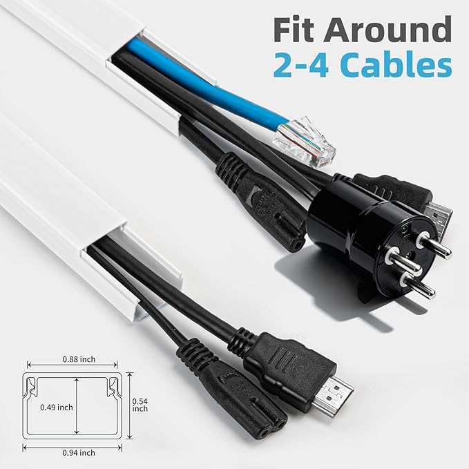 Art3d Cord Hider, 120in Cord Cover, Large Cable Hider, Self Adhesive Wire Covers for 4 Cords, Paintable Cable Raceway Wire Hider, Wall Mount TV Cords Management, 8X W0.94 H0.54in, White