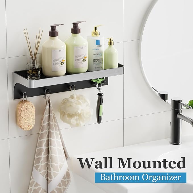 Shower Caddy Adhesive, Shower Shelves for Inside Shower with Hooks,No Drill Bathroom Organizers and Storage Hanging, Rustproof Shower Organize Rack, Silver