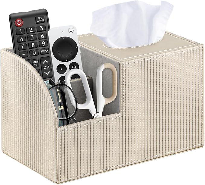 Square Tissue Box Cover with Storage, PU Leather Cube Tissue Box Holder, Remote Control Nightstand Organizer, Modern Desk Caddy for End Table, Bathroom, Bedroom, Home, Office Decor