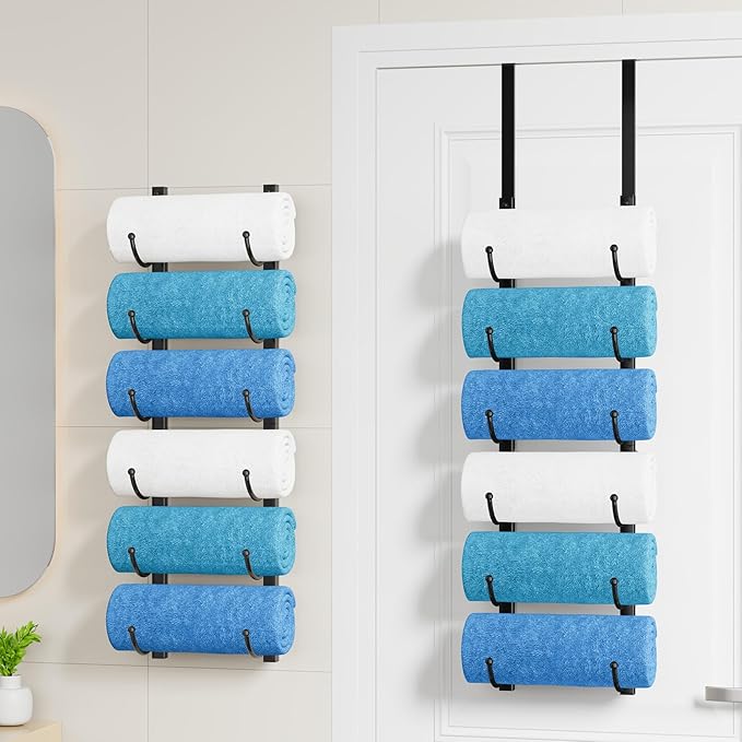 HapiRm Rolled Towel Racks for Bathroom - 6-Tier Over The Door & Wall Mounted Bathroom Towel Storage, Hanging Metal Organizer for Towels & Bath Sheets, Space Saving Rack for Bathroom, Camper, RV, Black
