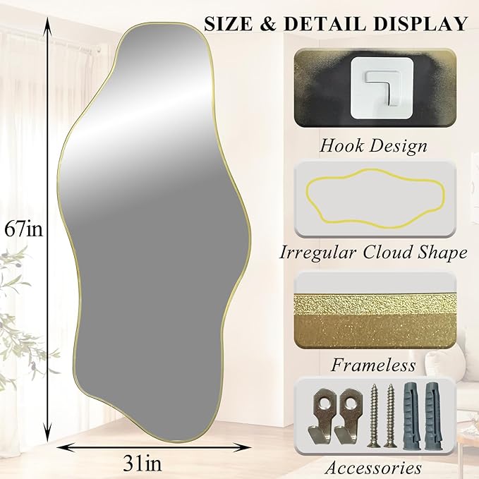 Irregular Full Length Mirror, 67"x31" Large Asymmetrical Tempered Glass Mirror, Gold Organic Frameless Wall Mirrors for Living Room Bedroom Hallway Entryway, Horizontal or Vertical Hanging