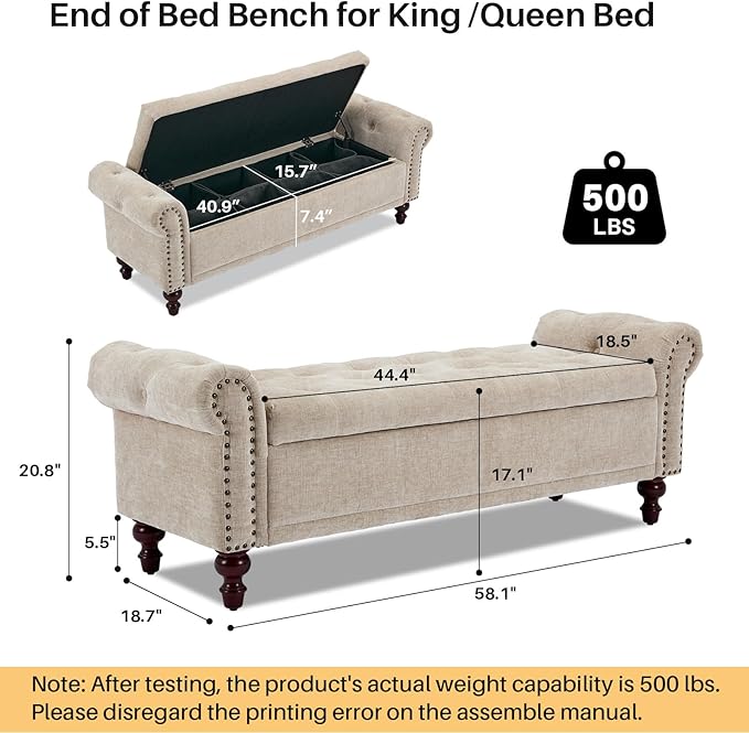 SOFTHION 58.1" Storage Bench Upholstered Chenille End of Bedroom Bed Bench Ottoman with Tufted Cushioned Rolled Arm Large Storage Space for Reading Living Room Entryway, Light Brown