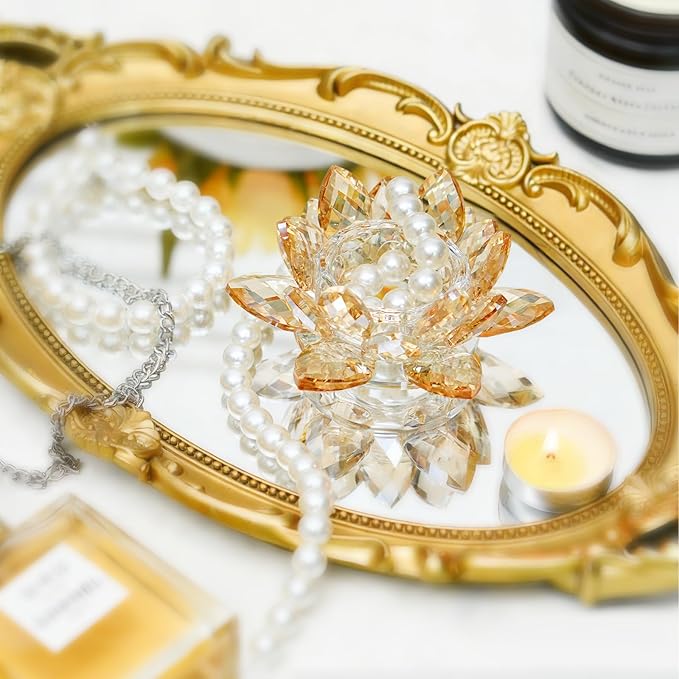 Crystal Flower Jewelry Tray, Luxury Transparent Decorative Trinket Dish for Rings, Earrings, Necklaces, Keys for Vanity Dresser Nightstand, Elegant Gift for Women Mother's Day (1, 4.4"(w) - Gold)
