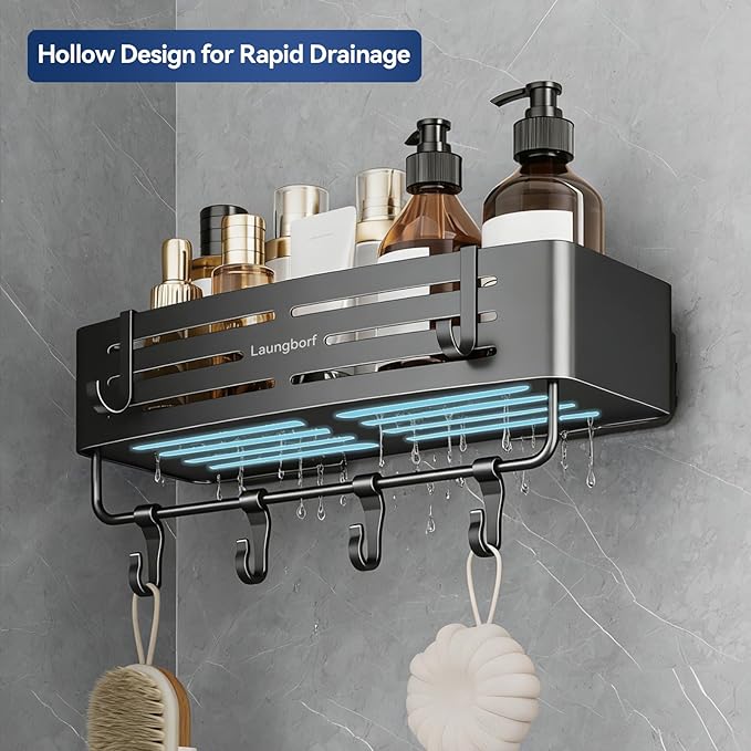 Rectangle Shower Caddy Suction Cup – Rustproof Aluminum Shelf with Towel Bar & Hooks, Laungborf No-Drill Removable Wall Storage for Bathroom (Matte Gray, 1 Pack)