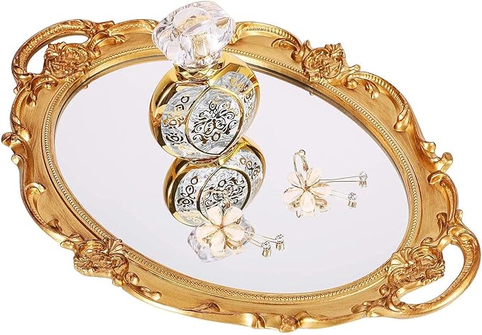 Polyresin Ellipse Antique Decorative Mirror Tray, Makeup Organizer, Jewelry Organizer, Serving Tray, 9.8”x 14.6”, Gold