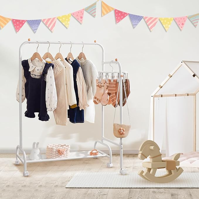 YGJT Multifunctional Kids Clothing Rack, Baby Garment Rack for Hanging Clothes with Wheels and Bottom Storage Shelf, Small Clothes Rack Dress Up Storage Rack for Coats, Skirts, Costume(Single)