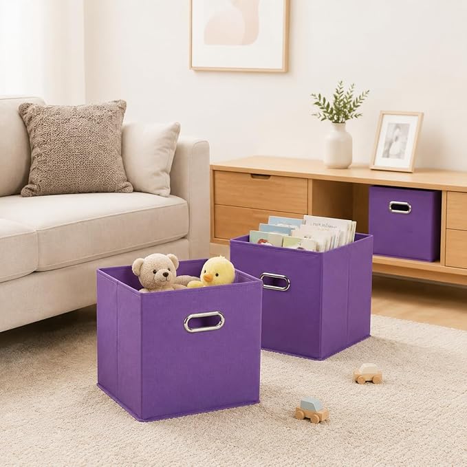 6 Pack Storage Bins, 10.4 x 10.4 x 11 Inch Foldable Fabric Storage Cubes with Metal Handles for Shelves, Closet, Clothes, Toy(Dark Purple)