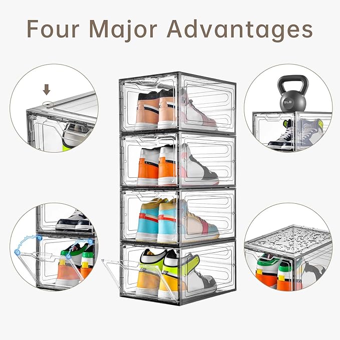 Stebopum 12 Pack Shoe Boxes Shoes Organizer, Shoe Storage Organizer Boxes with Magnetic Door, Clear Shoe Organizers Sneaker Storage Shoe Box for Women/Men, Fit up to US Size 12