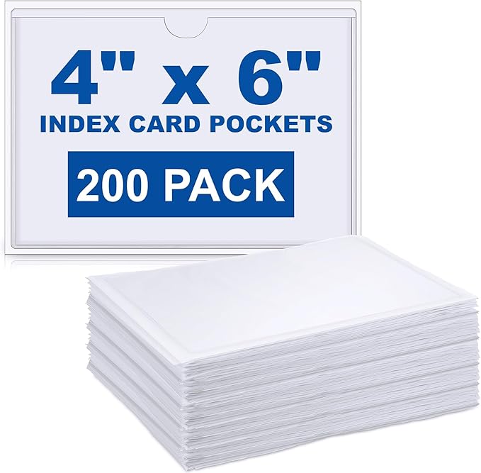 Outus 200 Pack 6.3 x 4.33 Inch Self Adhesive Label Pockets Bulk Plastic Labels Holders for Storage Bins Clear Classroom Nameplate Sleeves Index Card Tote Photos Waterproof Protect Office