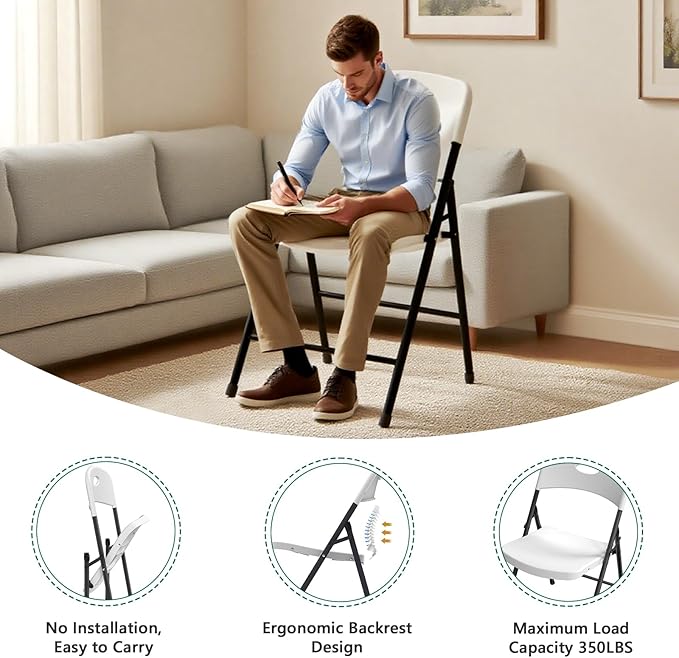 8 Pack White Folding Chair, Plastic Portable Stackable Commercial Seats with Steel Frame 350lb, Heavy Duty Foldable Chair for Indoor and Outdoor, Patio, Office, Picnic, Kitchen, Events