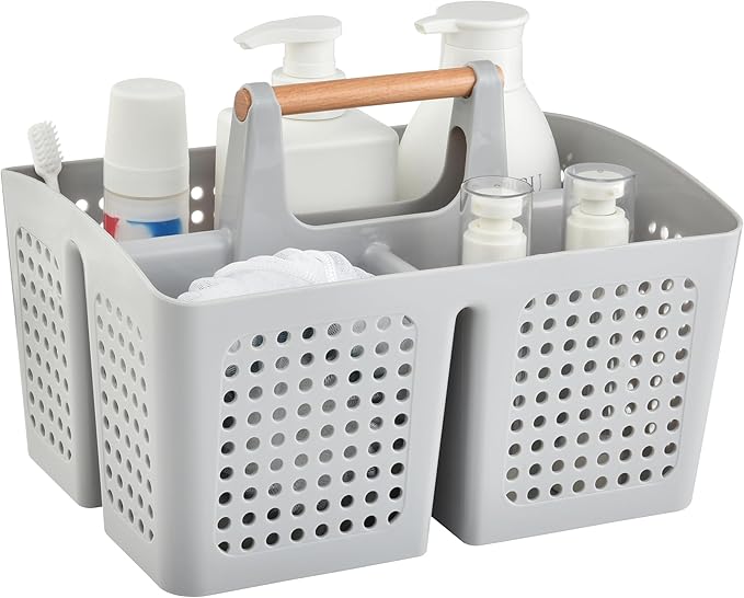 Portable Shower Caddy Basket with Wood Handle, 3-Compartment Bathroom Organizer Tote with Drain Holes, Plastic Shower Basket for Dorm, Toiletries, Cleaning Supplies,Light Gray