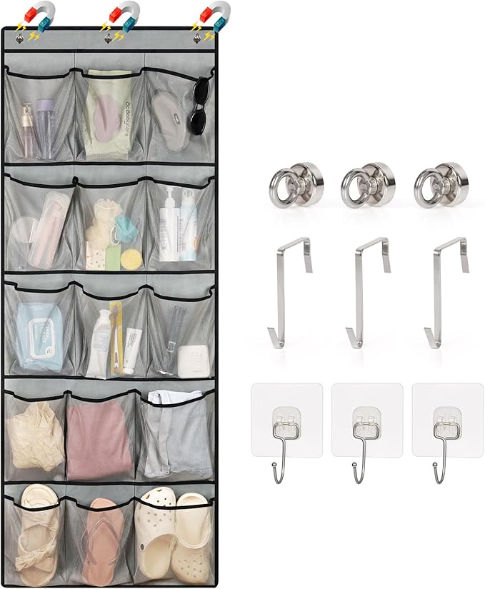 Over The Door Cruise Ship Organizer - Cruise Ship Magnetic Door Organizer with 15 Size-Graded Pockets, Hanging Magnetic Cruise Storage Shoe Rack for Cabin, 2026 Cruise Essential, 9 Hooks(Grey)