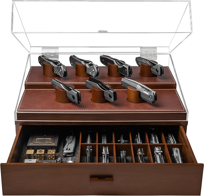 Premium Pocket Knife Display Case for 30 Knives - Large Wooden Knife Organizer, Storage & Holder with Unique Pillars, Hinged Cover, Drawer - Knife Collection Box - Handcrafted Father's Day Present