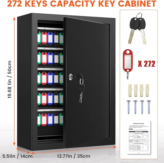272 Keys Key Lock Box Wall Mount with 272 Numbered Hooks and 272 Colored Key Tags, Anti-Theft Key Cabinet with Key Return Drop Slot, Key Storage Box Key Organizer for Car Garage Home Office