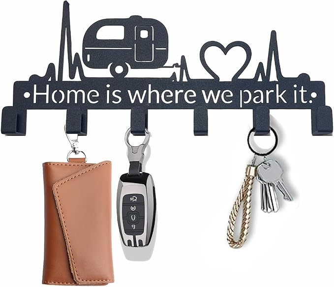 Key Holder Wall Mount with 6 Hooks, Happy Camper Key Rack Organizer for Entryway, Kitchen, Office - Rustproof, Waterproof - Easy Installation, Gift for New Homeowners - 9.8inch/25cm