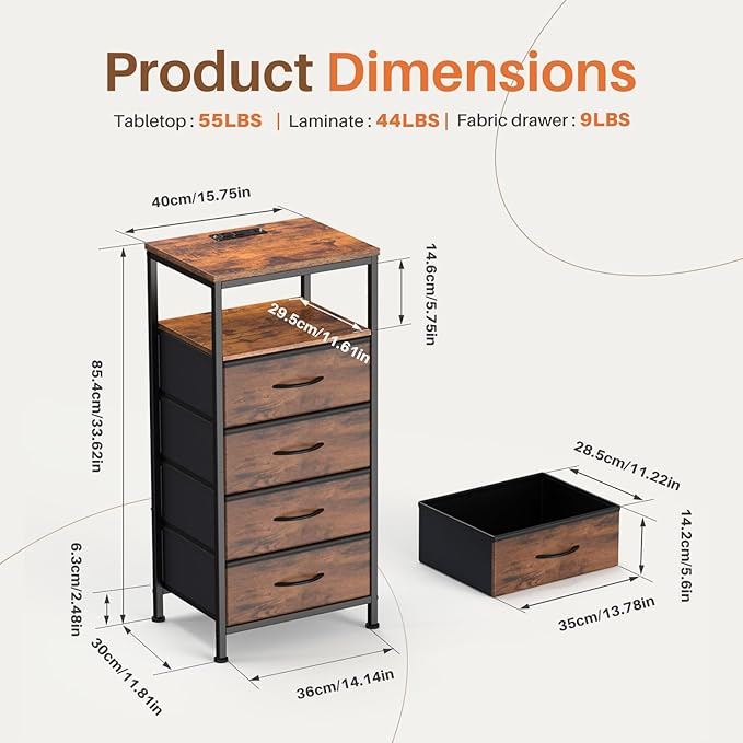 DUMOS Nightstand with Charging Station, Bedside End Table with 4 Fabric Drawers & USB/Type-C Ports and Outlets, Night Stand for Bedroom Furniture, Adjustable Feet and Variable Light Strip, Rust