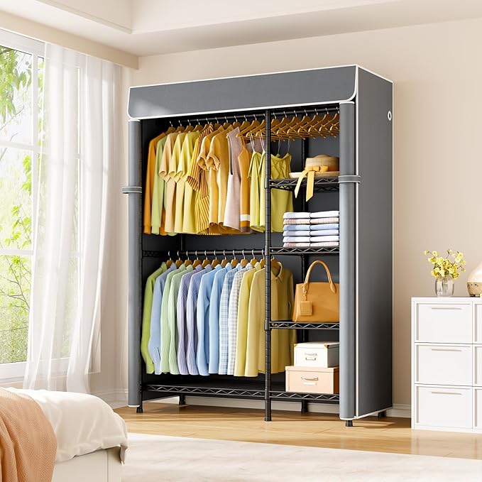 ULIFHOME F2C Clothes Rack with Cover, Clothing Racks for Hanging Clothes, Heavy Duty Garment Rack with Shelves and Hanger Rods, Black Closet with Gray Cover, 47.2" W x 16.5" D x 78.3" H, Load 630lbs