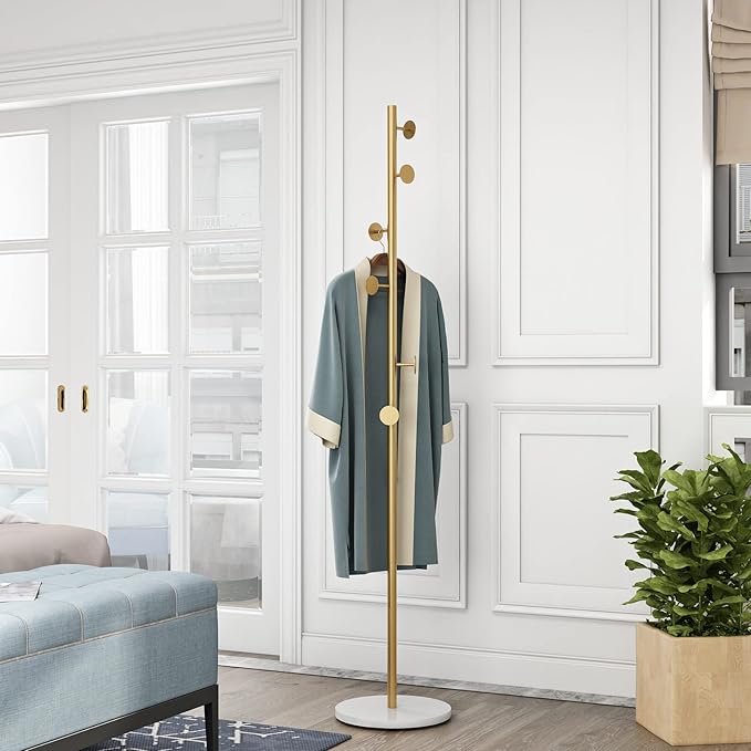 DOORXIFO Gold Coat Racks, Metal Coat Rack Freestanding with Hooks, Entryway Coat Rack Stand, Coat Racks with Marble Base, Coat Tree for Hanging Clothes, Hats, Bags
