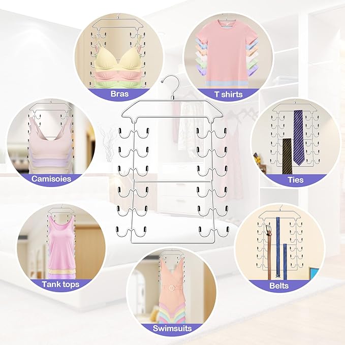 Tank Top Hanger,6 Tier Double Space Saving Bra Hangers, Closet Organizers and Storage,Dorm Room Essentials for Girls,Hanging Closet Organizer for Camisoles Sports Bras Strappy Dress Swimsuits Ties