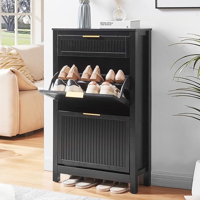 2 Flip Drawers Shoe Cabinet Storage for Entryway, Narrow Hidden Shoes Organizer for Front Door Entrance, Free Standing Shoes Cabinet Wooden Hallway Shoe Rack(Black)