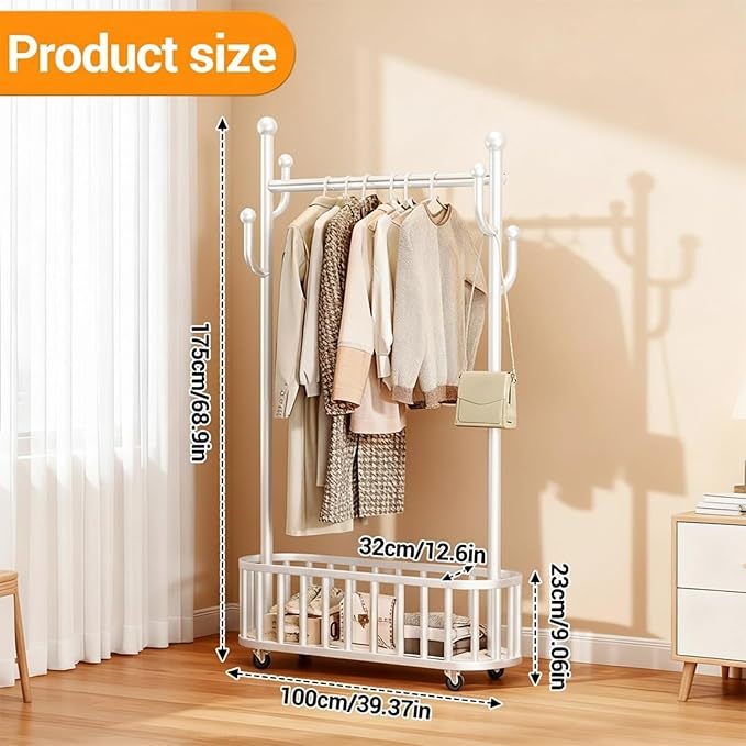 Takywep Rolling Clothing Rack with Wheels and Basket Storage – Metal Moveable Garment Rack, Heavy-Duty Coat Rack for Hanging Clothes, Bedroom, Boutique, Laundry Room