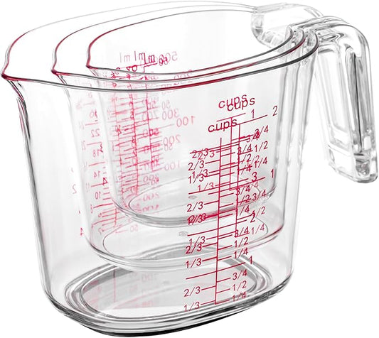 3-Piece Nesting Liquid Measuring Cups Set, Clear Plastic Measuring Jugs with Spout and Multiple Measurement Scales, 1 Cup, 2 Cup, 4 Cup for Baking and Cooking