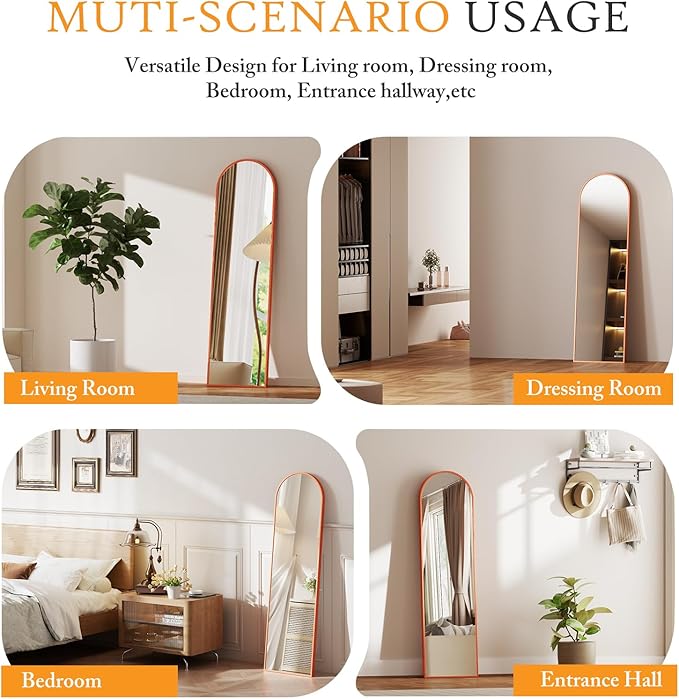 NEWBULIG 59"x16" Arched Full Length Mirror, Full Body Floor Mirror with Aluminum Alloy Thin Frame, Wall or Standing Mirror for Bedroom, Living Room, Dressing Room, Orange