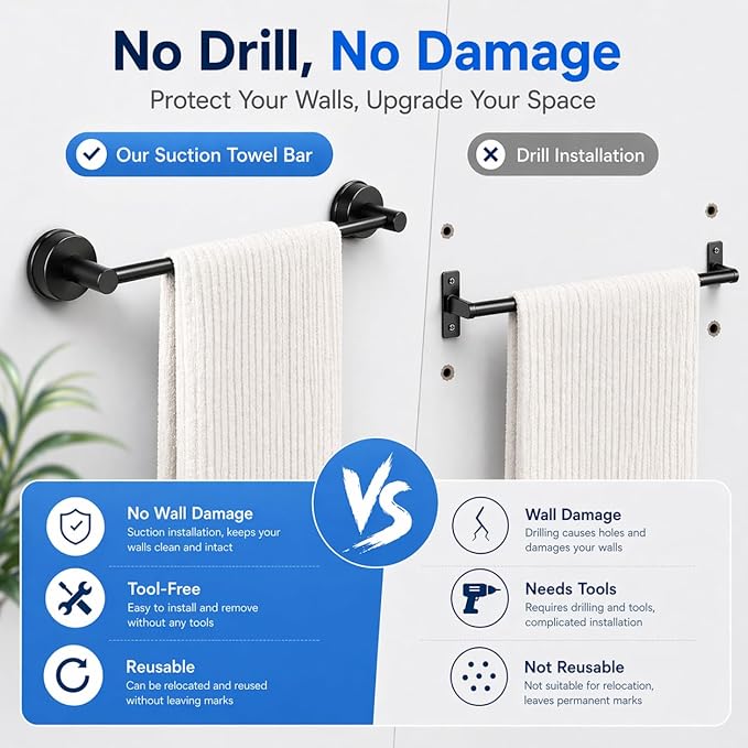 Extendable Suction Cup Towel Bar, Matte Black Stainless Steel No Drill Towel Holder for Bathroom, Adjustable Wall Mounted Towel Rack for Shower, Kitchen, RV, Smooth Tile, Glass, Mirror and Metal