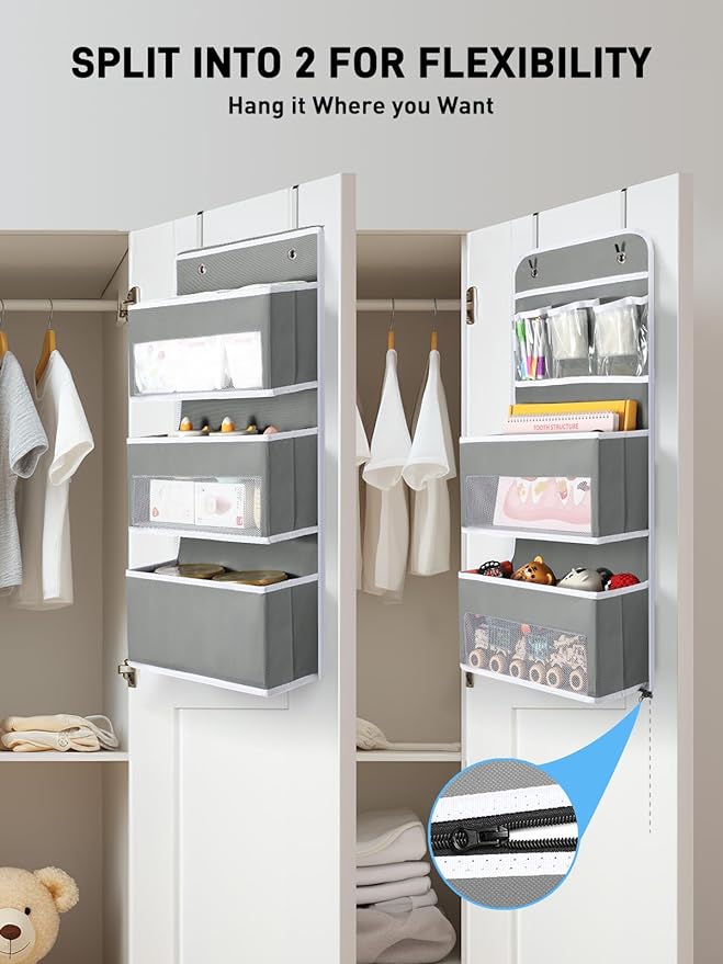 Yecaye 6-Tier Over the Door Storage Organizer, Flexible 1 Split into 2 Swing-proof Hanging Bathroom Storage Organization, Bedroom Organizer and Storage for Newborn Baby Essentials, Grey