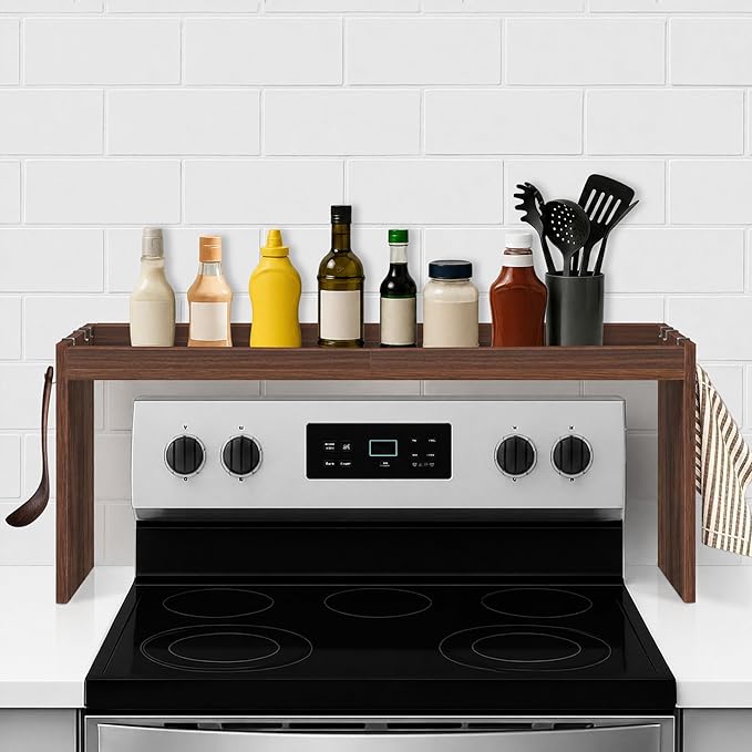 Over the Stove Shelf, Wood Stove Top Shelf, 31.5" Stove Top Organizer Shelves with 6 Hooks,11.5" Height Over Stove Spice Rack for Kitchen, Walnut