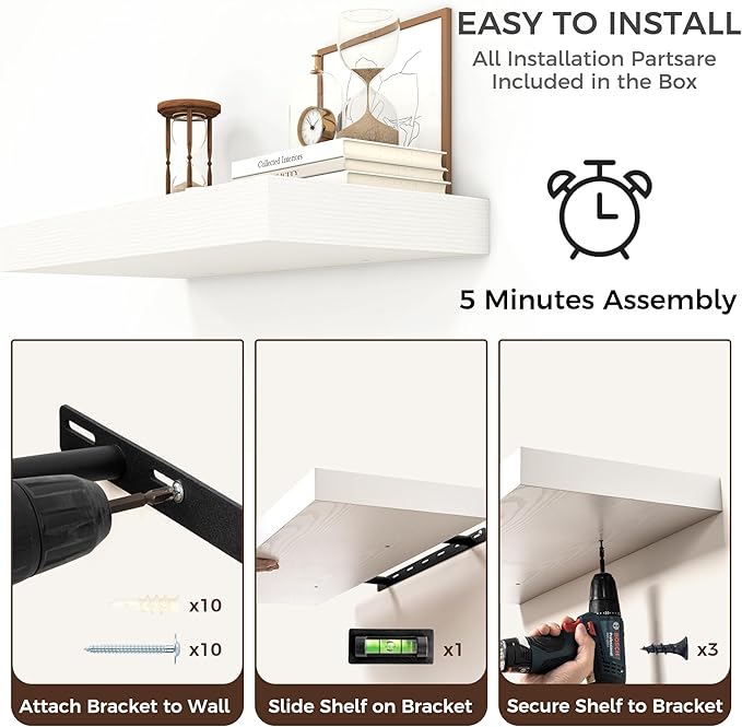 Venusmiles Floating Shelves for Wall, 36 Inch Floating Shelves Set of 2, 6.5" D Wooden Wall Mounted Display Shelves with Invisible Brackets for Living Room, Bedroom, Bathroom, Kitchen Decor, White