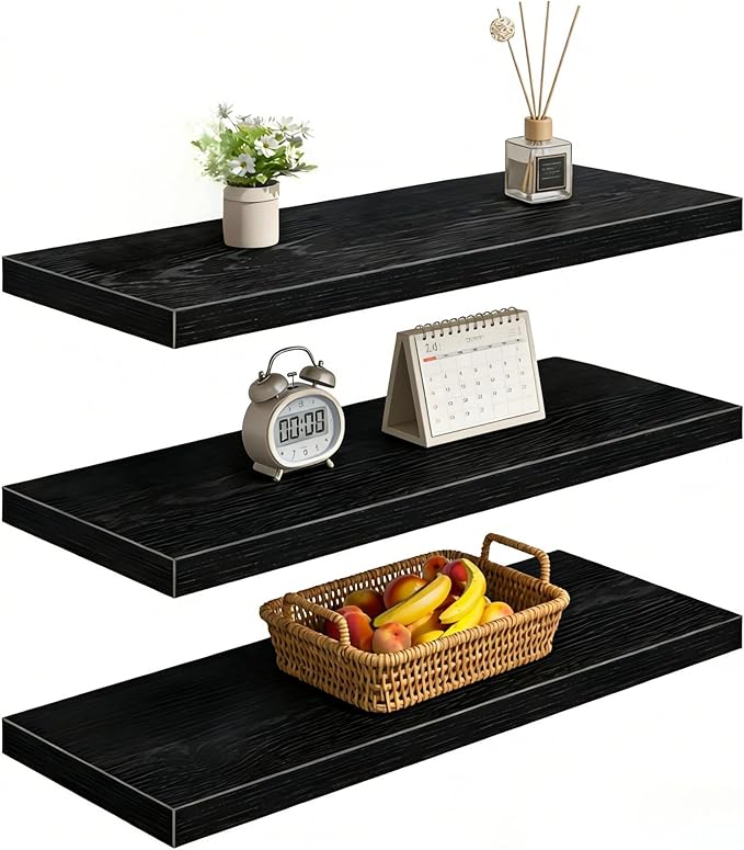 Vervida® Floating Shelves, 35.4 inch Wall Mounted Rustic Wood Shelves for Bathroom, Bedroom, Living Room, Kitchen, Office, Hanging Shelf for Books/Storage/Decor(Black, Set of 3)