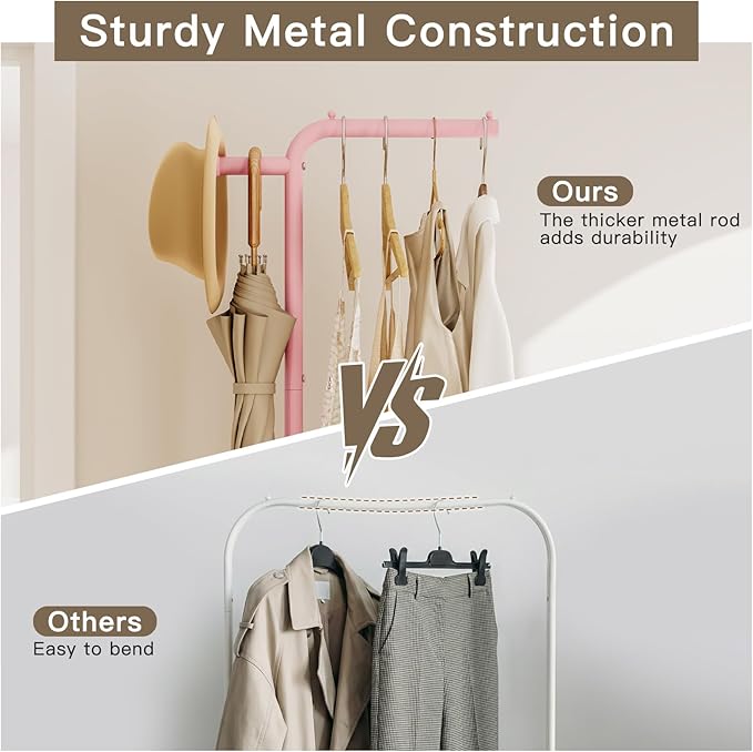 Small Clothes Rack with Wheels, 71" Portable Rolling Clothing Rack with Bottom Metal Shelf, Garment Rack with Hanging Rod, Sturdy Freestanding Coat Rack for Bedroom, Entryway, Pink