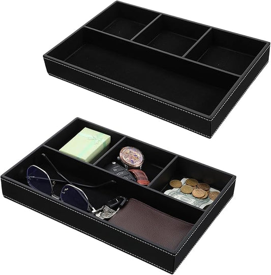 2 Pieces Leather Valet Tray Nightstand Drawer Organizer Stackable Jewelry Organizer For Drawer Key Wallet Sunglass Watch Coin Phone Bedside Dresser Top Tray Black