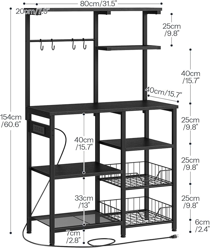 HOOBRO Large Bakers Rack with Power Outlets, 6-Tier Microwave Stand with 4 Hooks, Coffee Bar, Kitchen Shelf with Wire Basket, for Kitchen, Living Room, Office, Black BB64UHB01