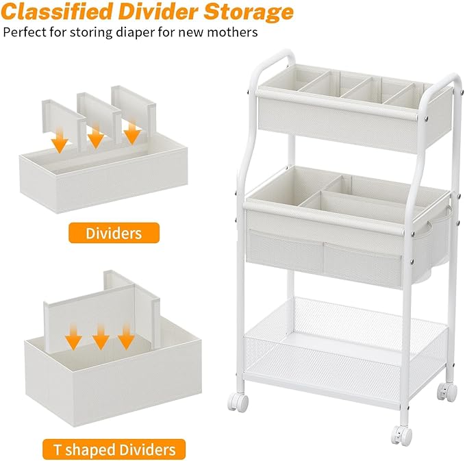 3-Tier Diaper Caddy Organizer & Rolling Cart,Metal Utility Cart with 4+2 Dividers & Lockable Silent Casters, Mobile Storage Cart for Nursery Essentials, Multi-Purpose for Kidsroom Changing Table