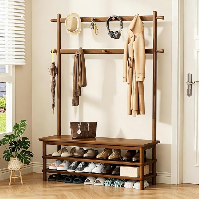 Coat Rack, 3-in-1 Hall Tree with Bench and Shoe Storage, Entryway Bench with Shoe Storage with 11 Hooks, Freestanding Coat Rack Organizer for Mudroom, Hallway, 42.9" Long