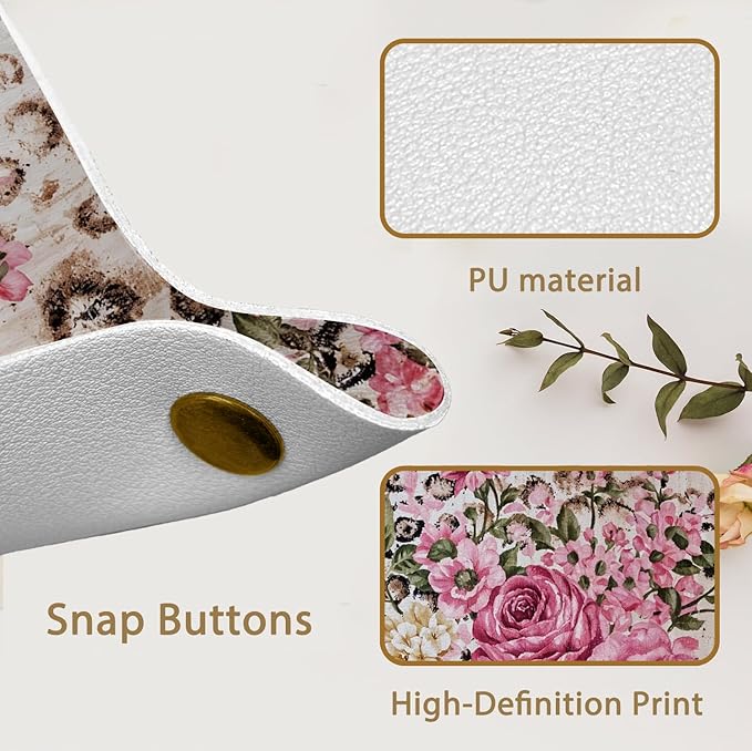 Leopard Print Gifts for Women Vintage Leopard Floral Jewelry Valet Tray, Cheetah Print Gifts PU Leather Catchall Beside Caddy Nightstand Organizer Tray for Rings Watches Keys, 7.87x7.87in
