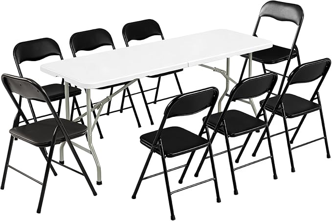 Elevon Folding Table Set with 8 Black Folding Chairs,6 Feet Heavy Duty Fold-in-Half Utility Table Sets for Picnic, Event, Training, Outdoor Activities, at Home and Commercial Use