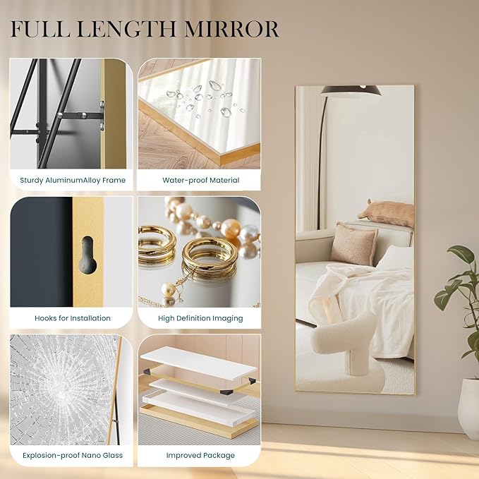 NEWBULIG 64"x21" Full Length Mirror, Full Body Floor Mirror with Aluminum Alloy Thin Frame, Wall or Standing Mirror for Bedroom, Living Room, Dressing Room, Gold-Rect