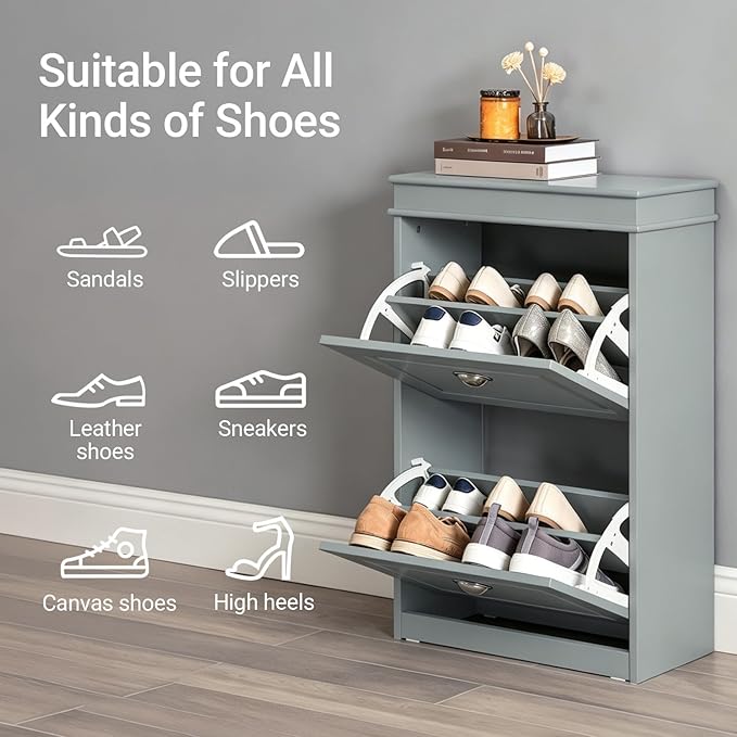 Haotian Small Shoe Cabinet, Grey 2 Flip Drawers Freestanding Shoe Rack, Shoe Storage Cupboard Organizer (9.45" D x 20.87" W x 32.28" H), FSR78-HG