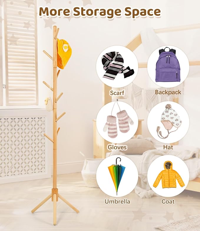 Beech Wood Kids Coat Rack - Adjustable Height Stand with 9 Hooks, Freestanding Children's Clothing Organizer for Hallway, Bedroom, Easy Assembly (Natural)