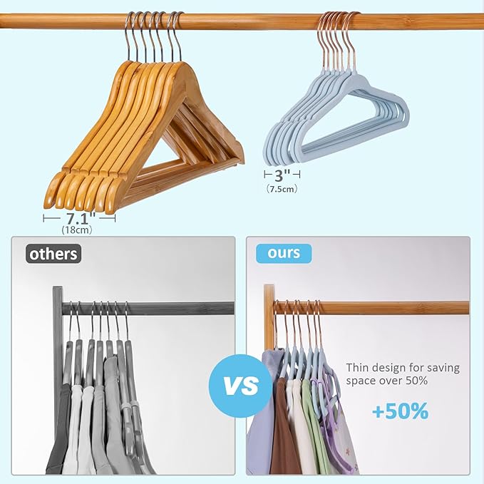 Tonswachic Baby Hangers 50 Pack - 11 Inch Premium Velvet Non Slip Kids Hanger for Infant & Toddler Clothes - 0.2" Ultra Thin Baby Closet Hangers with 10 Hanger Clips - Blue