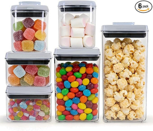 6 Pcs POP Container Set, Airtight Food Storage with Lids, Push Button Seal BPA-Free Set for Pantry, 0.65QT/0.7QT/1.8QT/2.4QT for Bulk Dry Food, Cereal, Flour, Sugar, RV Kitchen Storage